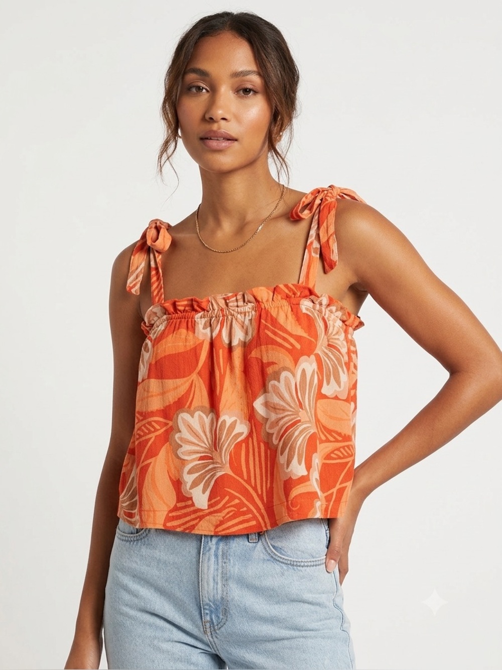Land of the Free Orange Floral Tie-Strap Crop Top Size Small